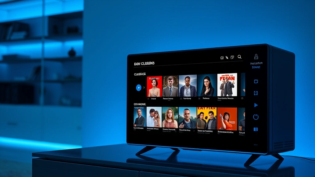 Modern streaming device displaying classic television content library, soft blue glow, contemporary home entertainment environment, photorealistic digital media context