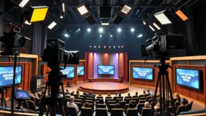 Professional television studio setup with vintage 1990s lighting equipment, multiple cameras on rigs, and empty talk show set with audience seating visible but no people or text on screens