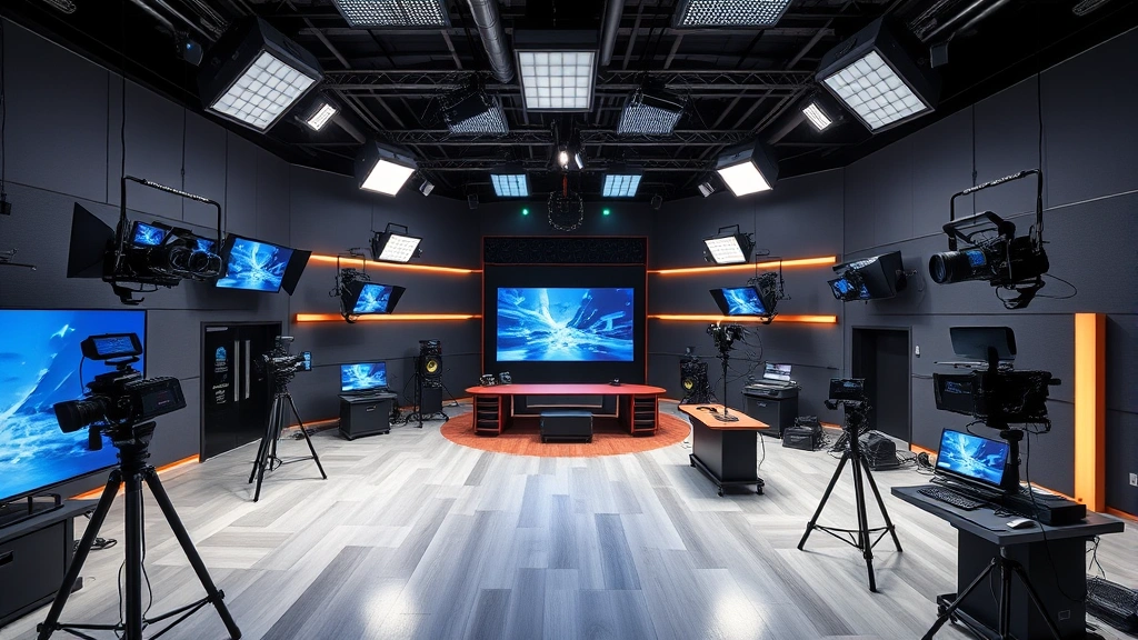 Modern media production facility with digital broadcasting equipment, control room setup, professional lighting rigs, and technical infrastructure representing contemporary television production