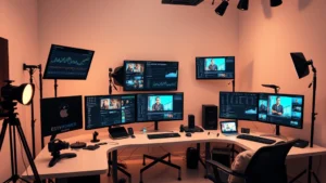Professional digital media production studio with multiple monitors displaying analytics dashboards, content creation software, and streaming platforms simultaneously, modern minimalist workspace with professional lighting equipment and ergonomic setup, warm color grading, photorealistic contemporary creative environment