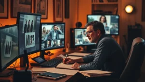 Film critic sitting at desk with multiple monitors displaying movie scenes, ambient warm lighting, papers and notes scattered around workspace, focused expression analyzing content