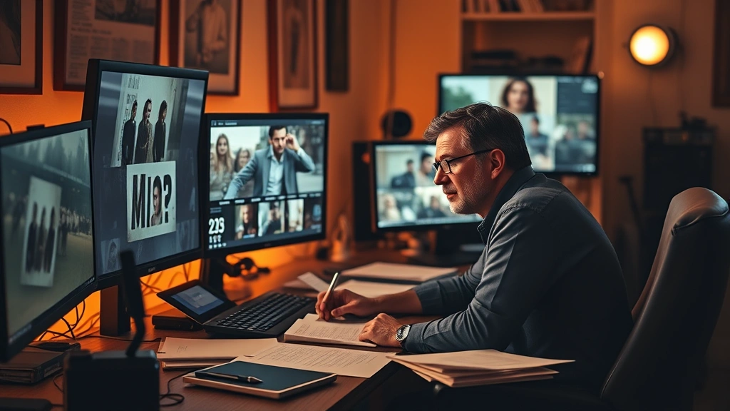 Film critic sitting at desk with multiple monitors displaying movie scenes, ambient warm lighting, papers and notes scattered around workspace, focused expression analyzing content