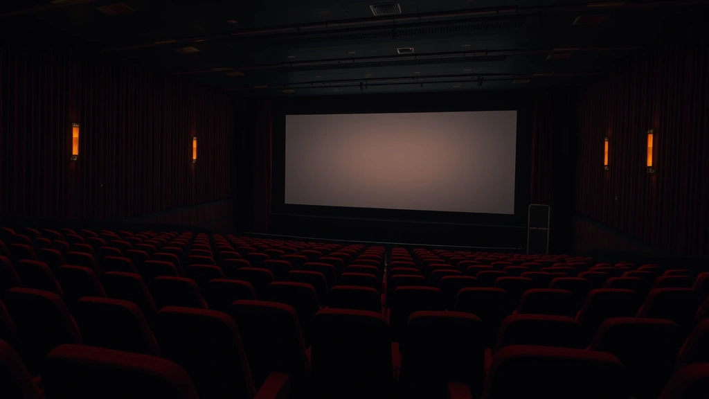 Movie theater interior with empty seats and screen glowing softly in darkness, rows of red velvet seats visible, cinematic atmosphere with subtle lighting