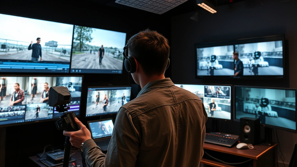 Filmmaker reviewing footage on editing suite screens, multiple displays showing different angles and color grading, professional studio environment with cables and equipment