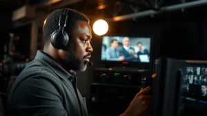 African American film director in professional production setting, wearing headset, reviewing footage on monitors in dark editing suite, dramatic lighting highlighting concentration and technical expertise