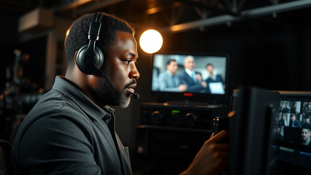 African American film director in professional production setting, wearing headset, reviewing footage on monitors in dark editing suite, dramatic lighting highlighting concentration and technical expertise