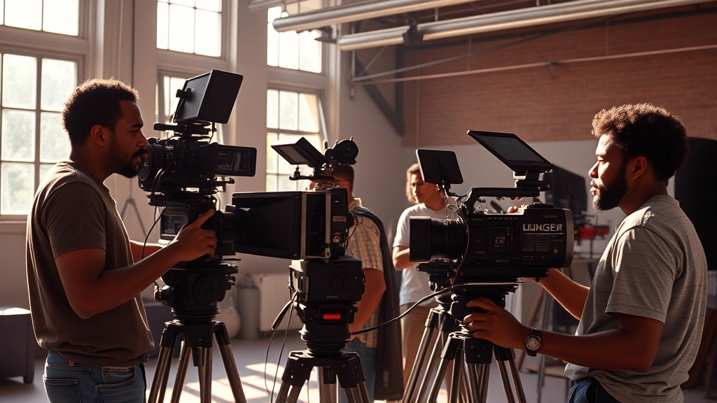 Vintage 1980s film production scene with Black crew members operating professional cinema equipment, natural sunlight streaming through studio windows, showcasing collaborative filmmaking environment and technical mastery