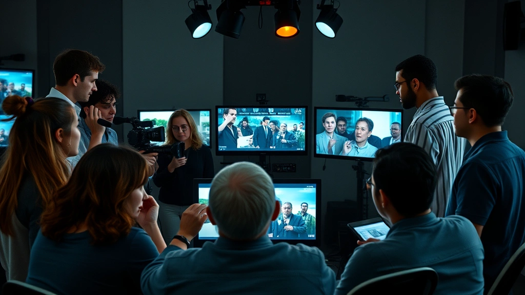 Modern diverse film production team gathered around director reviewing scenes on digital displays, representing contemporary cinema and inclusive industry practices influenced by pioneering directors