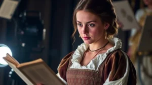 Young female actor in Renaissance costume studying script, dramatic lighting, focused expression, film production environment, no text or identifying marks