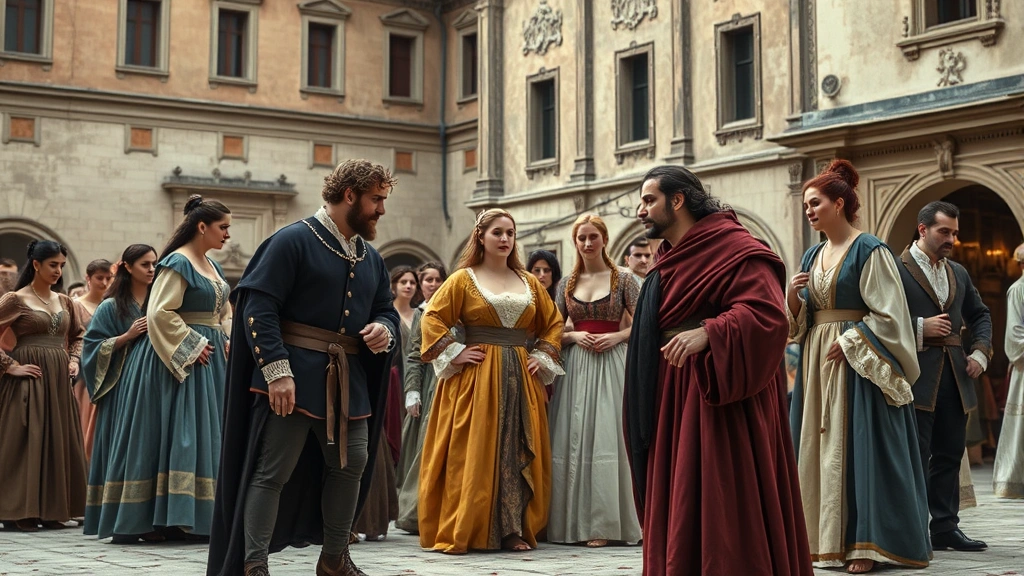 Ensemble of period-costumed actors in dramatic scene, Renaissance Italian architecture background, emotional intensity, cinematic composition, no dialogue bubbles or captions