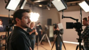 Professional actor in modern film set with professional lighting equipment and camera crew, candid moment during production, contemporary entertainment environment with cinematic quality