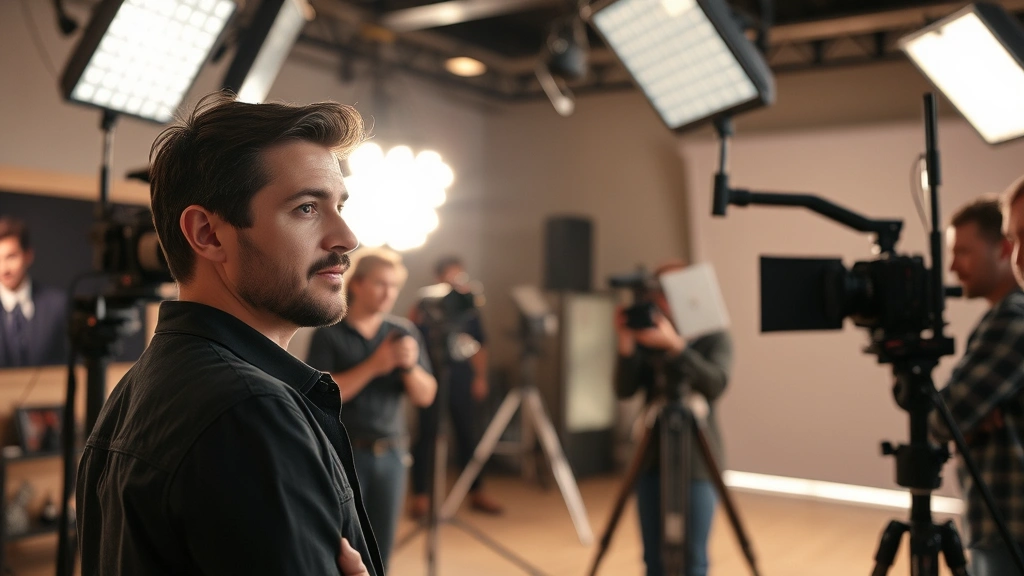 Professional actor in modern film set with professional lighting equipment and camera crew, candid moment during production, contemporary entertainment environment with cinematic quality