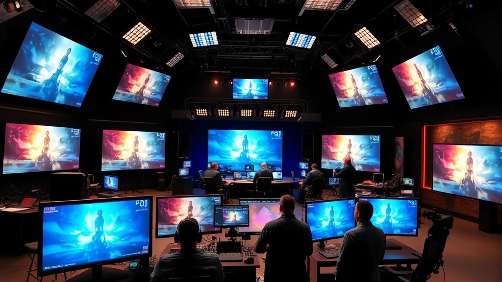 Television studio interior with multiple monitors and production equipment, active broadcast environment, professional media production setting with modern technology and crew members working