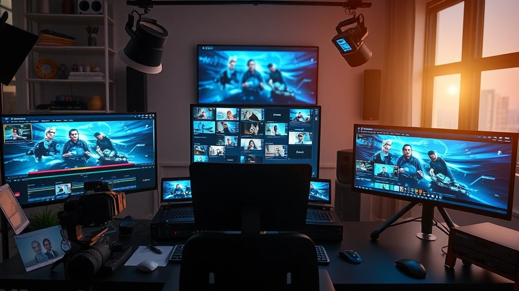 Digital media workspace showing streaming interface on multiple screens, contemporary content creation setup with modern technology, online entertainment platform visualization with professional production atmosphere