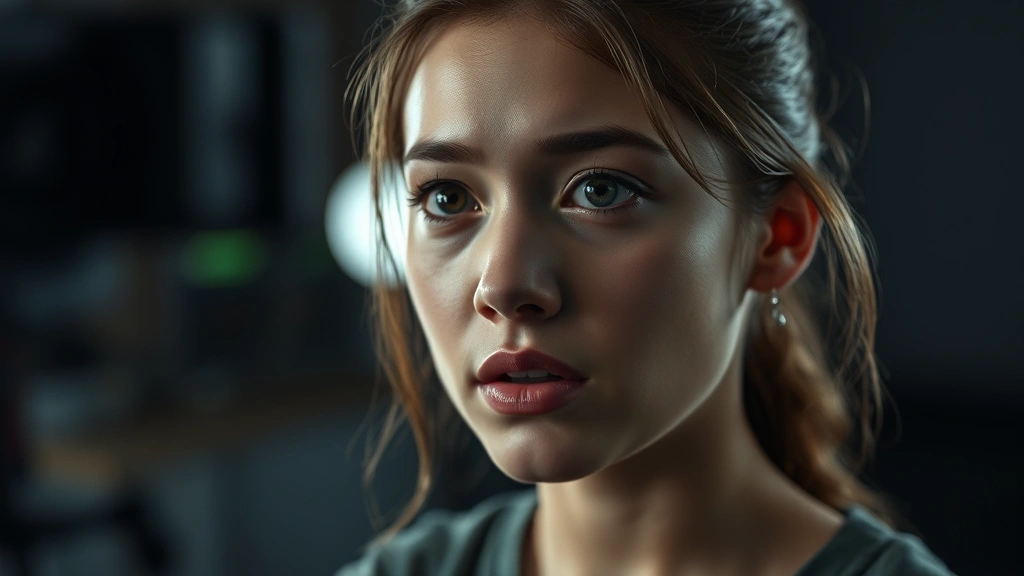 Young female performer in dramatic scene, intense emotional expression, professional studio lighting, contemporary television production aesthetic, depth of field blur background, intimate character study composition, photorealistic digital media environment