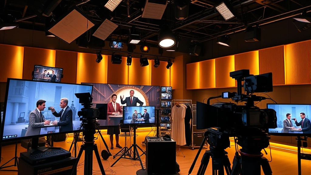 Television production set with professional equipment, monitors displaying dramatic content, creative team collaboration, modern broadcast studio interior, warm professional lighting, sophisticated production technology, no text or interface screens visible