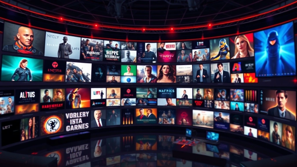 Streaming platform interface concept art showing diverse content library, abstract digital media landscape, glowing screens and modern technology, professional viewing environment, contemporary digital entertainment aesthetic, no readable text or specific interface elements