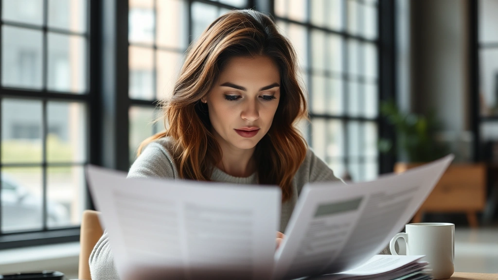Close-up of a professional female actor reading a screenplay in a modern studio setting, natural lighting from large windows, focused contemplative expression, coffee cup on desk beside script pages