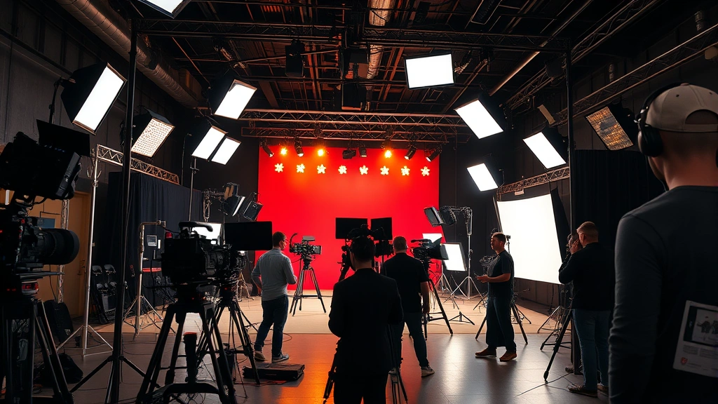 Wide shot of a film production set with professional lighting rigs, camera equipment, and crew members setting up shots, showing the technical infrastructure of contemporary filmmaking