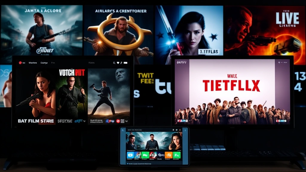 Split-screen composition showing different streaming platform interfaces on devices with theatrical film posters in background, representing the convergence of theatrical and digital distribution in modern entertainment