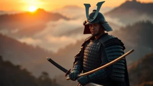 Japanese samurai in traditional armor standing in misty mountain landscape during golden hour, holding katana sword with focused expression, cinematic lighting emphasizing historical authenticity and warrior dignity
