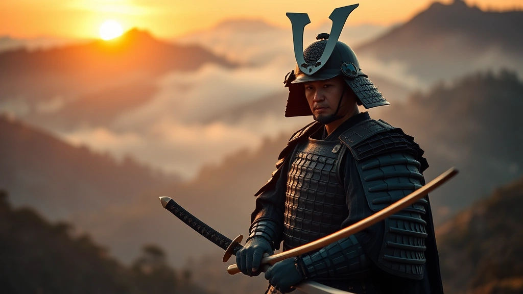 Japanese samurai in traditional armor standing in misty mountain landscape during golden hour, holding katana sword with focused expression, cinematic lighting emphasizing historical authenticity and warrior dignity