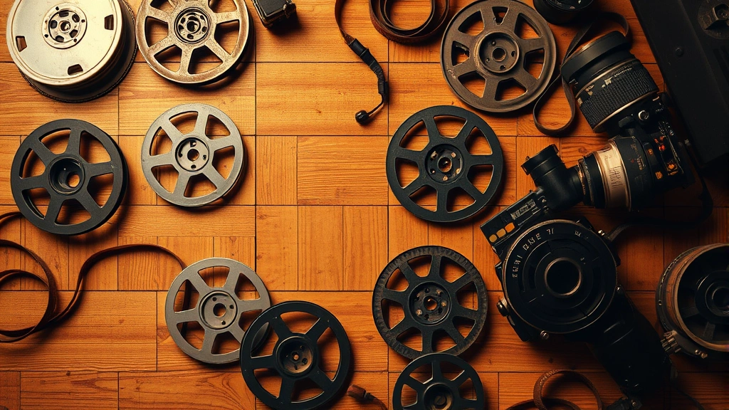 Overhead shot of vintage film reels and old cinema equipment scattered on wooden surface with warm amber lighting, suggesting classic cinema history and film preservation, no text visible