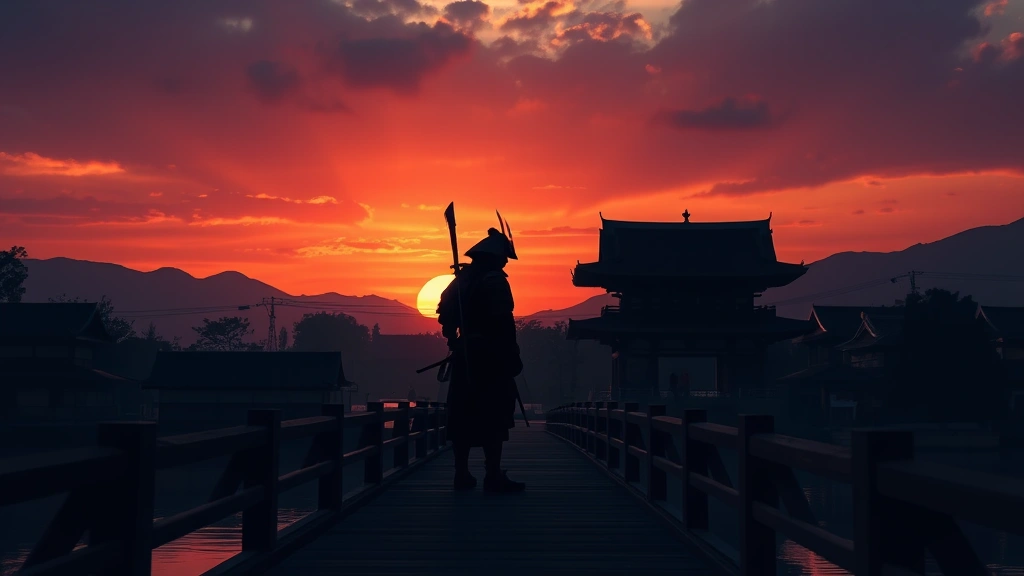 Silhouette of lone samurai warrior standing on bridge at sunset with Japanese temple architecture visible in background, dramatic sky with orange and purple hues, conveying honor and solitude without any written elements