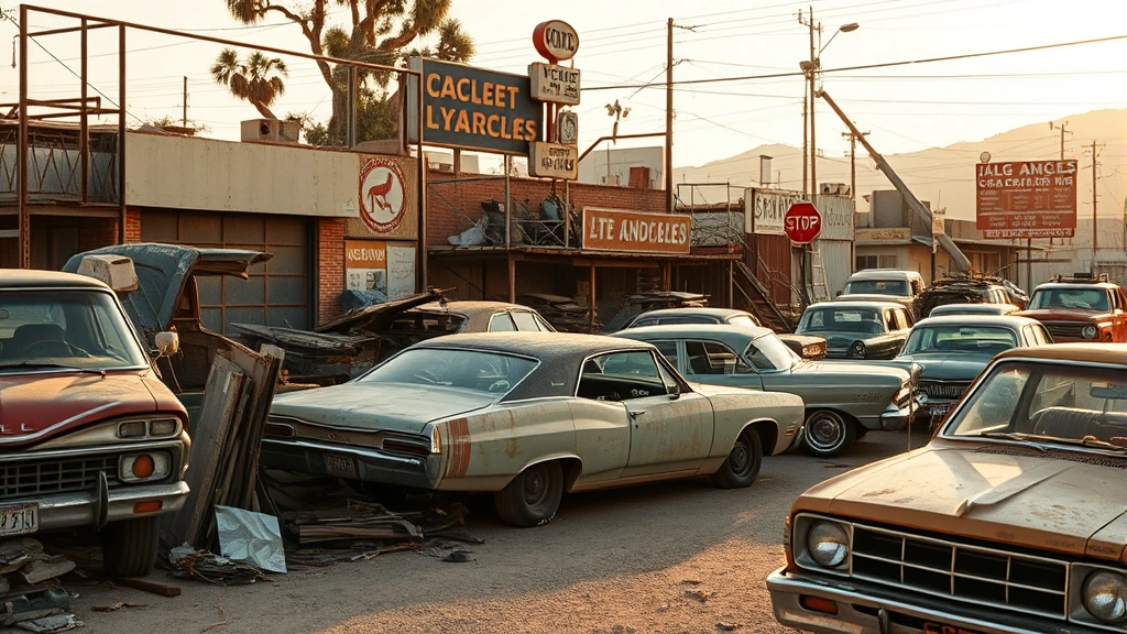 Vintage 1970s Los Angeles junkyard with weathered cars, metal scraps, and authentic period signage, golden hour lighting, documentary-style photography capturing urban landscape authenticity without any visible text or signs with letters