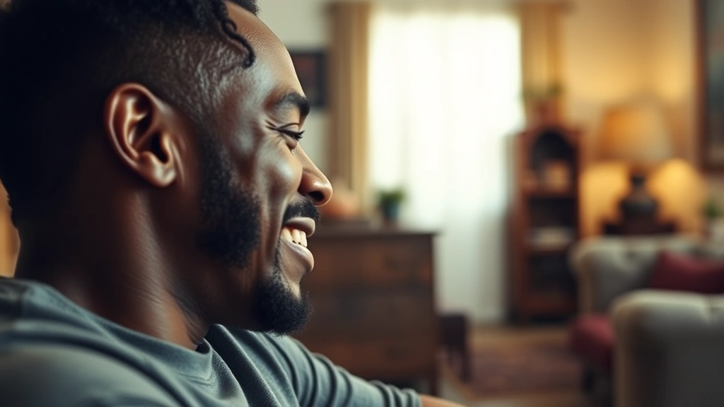 Close-up of a warm father-son moment between two Black men in a modest apartment setting, genuine emotional connection, warm lighting, intimate portrait photography style, authentic vintage furnishings visible in soft focus background