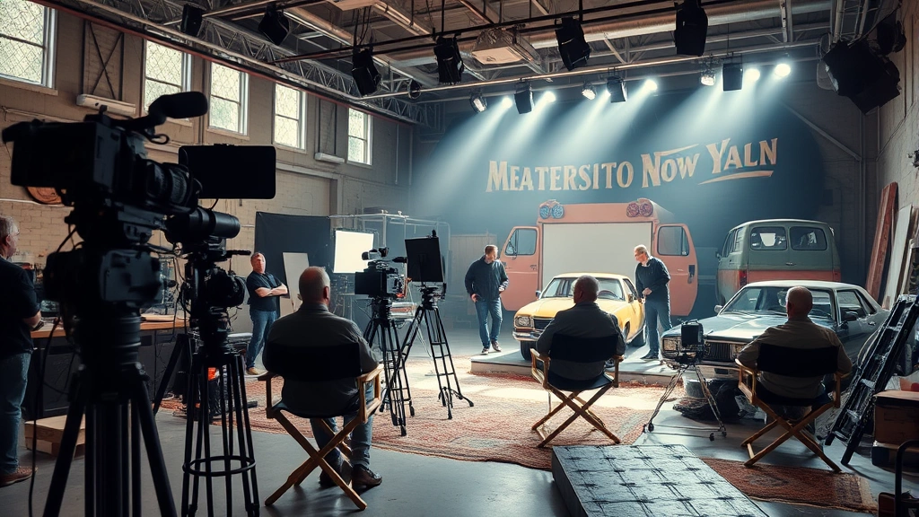 Modern film production setup with camera equipment, director's chairs, and production crew working on a soundstage set designed to look like a 1970s junkyard, behind-the-scenes filmmaking atmosphere showing adaptation process, natural lighting