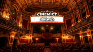 Historic cinema theater interior with ornate architectural details, vintage marquee signage, and modern auditorium seating, warm theatrical lighting creating nostalgic ambiance, professional photograph emphasizing architectural grandeur and contemporary comfort