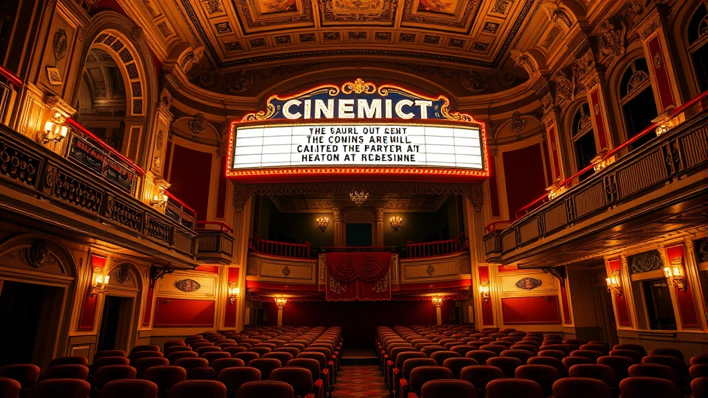 Historic cinema theater interior with ornate architectural details, vintage marquee signage, and modern auditorium seating, warm theatrical lighting creating nostalgic ambiance, professional photograph emphasizing architectural grandeur and contemporary comfort