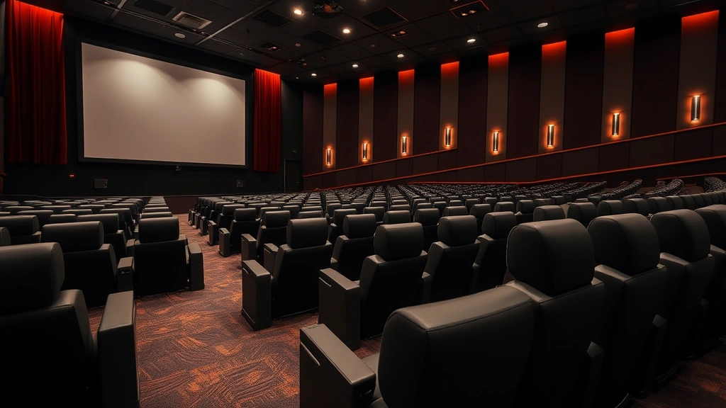 Contemporary movie theater auditorium with reclining seats, premium sound system speakers visible, large cinema screen, warm accent lighting along aisles, empty theater ready for audience, professional theatrical photography showcasing technology and comfort