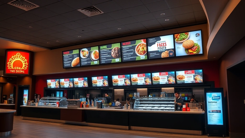 Movie theater lobby area with concession counter, illuminated menu boards displaying food options, modern digital displays, theater staff working behind counter, professional cinema environment emphasizing dining and hospitality services