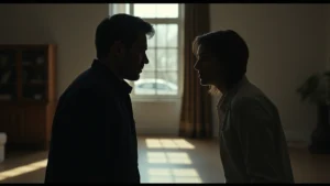 Cinematic wide shot of two people having an intense emotional conversation in a minimalist interior space with natural window lighting, realistic drama film aesthetic, no visible text or interface elements