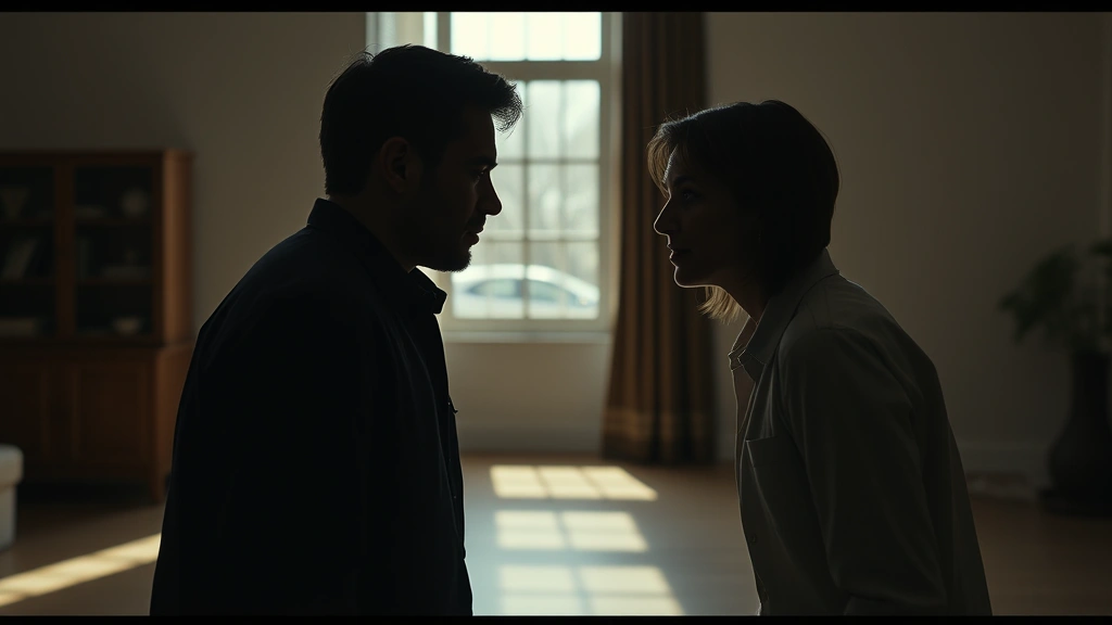 Cinematic wide shot of two people having an intense emotional conversation in a minimalist interior space with natural window lighting, realistic drama film aesthetic, no visible text or interface elements
