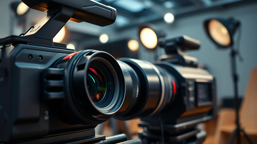 Close-up of professional film production equipment including camera lens and lighting setup in a studio environment, realistic photography equipment detail shot, documentary-style media production imagery