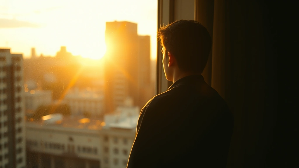 Medium shot of a solitary figure gazing out a window at an urban landscape during golden hour lighting, contemplative cinematic moment, realistic indie film visual aesthetic