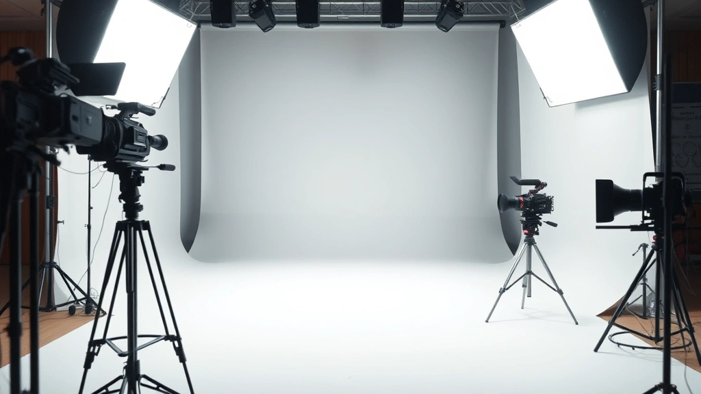 Professional 1980s film studio lighting setup with dramatic shadows on clean white backdrop, cinematography equipment visible but blurred, representing classic movie poster photography techniques and professional production design