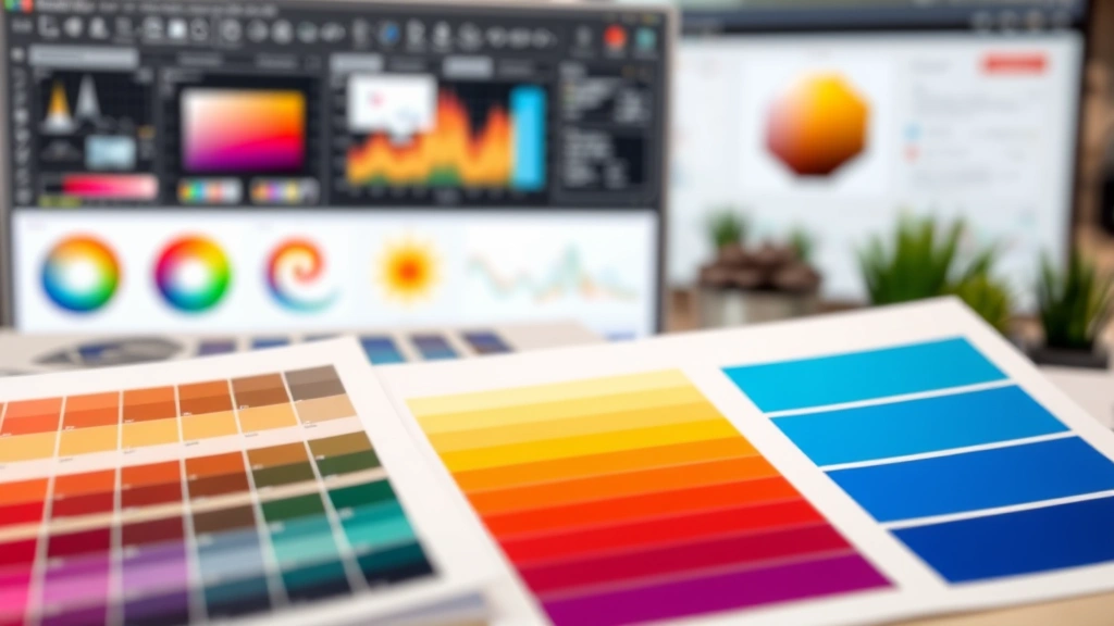 Modern graphic design workspace with color theory charts, design software interface blurred in background, warm and cool color swatches displayed, designer analyzing composition and visual hierarchy principles