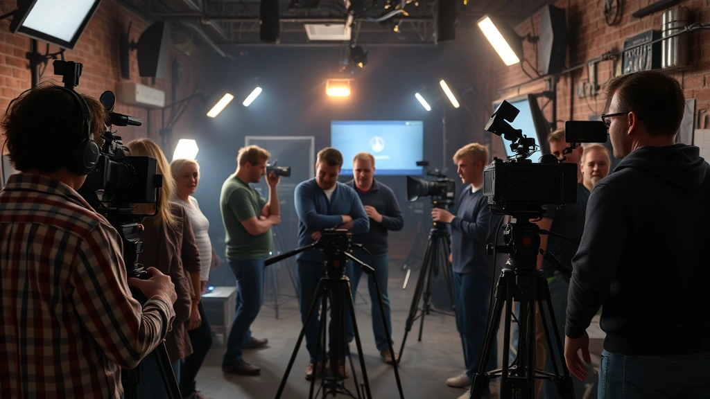 Film production set showing actors and crew collaborating, intimate independent cinema environment, creative energy, professional equipment, candid behind-the-scenes moment, no signage or screens visible