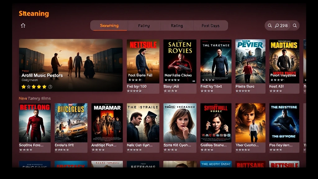 Streaming platform interface concept with film thumbnails and ratings displayed, but showing only the visual design elements without readable text, warm lighting, modern digital media aesthetic